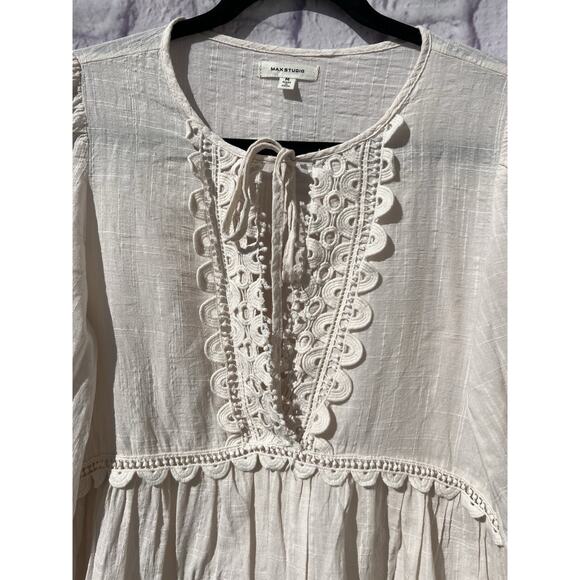 Max Studio Women's Boho Crochet Keyhole Empire Waist Babydoll Peasant Blouse M - Picture 4 of 8